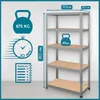 A metal shelving unit with informational graphics on the left. Podgląd zdjęcia produktu
