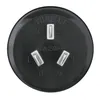 A close-up, top-down view of a black electrical plug with three prongs. Produktbild-Vorschau