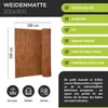 A rolled-up woven mat is shown next to a list of features and icons representing different uses. Produktbild-Vorschau