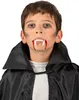 A young boy wearing a vampire costume with fake fangs and blood, and a black cape. Produktbild-Vorschau