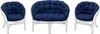 A set of three rattan furniture pieces with navy blue cushions on a white background. Produktbild-Vorschau