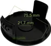 A close-up view of a black plastic trimmer head with dimensions indicated by lines and text. Produktbild-Vorschau