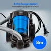 A close-up marketing image of a blue and black bagless cyclonic vacuum cleaner with text overlays highlighting its features. Produktbild-Vorschau