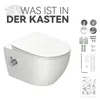 A wall-mounted toilet and its installation hardware are displayed against a white background, with text indicating 'What is in the box'. Podgląd zdjęcia produktu