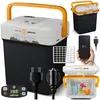 A collage of images showcasing a portable electric cooler and its accessories, including power adapters, a remote control, and a smartphone charging. Anteprima dell’immagine prodotto