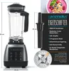 A product image showcasing a blender with its features and dimensions, along with a bowl of food. Produktbild-Vorschau