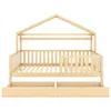 A wooden children's bed with a house frame and storage drawers. Produktbild-Vorschau