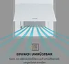 A white range hood with blue airflow graphics and text indicating it can be converted to recirculating mode with activated carbon filters. Produktbild-Vorschau