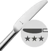 A close-up view of a knife with a serrated edge, with a circular inset showing a simplified illustration of a knife and three stars. Produktbild-Vorschau