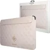 A pink Guess laptop sleeve with a repeating 4G logo pattern and a gold Guess logo emblem is shown in its packaging. Produktbild-Vorschau