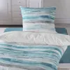A close-up view of bedding with a blue and white wave pattern. Produktbild-Vorschau