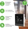 A digital thermostat is shown on a wooden surface, with descriptive icons and text on the left side of the image. Produktbild-Vorschau