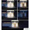 A collage of images showing a LUMILED LED solar wall light with a motion sensor in different lighting conditions and angles. Produktbild-Vorschau