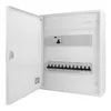 An open white electrical distribution box with multiple circuit breakers and switches inside. Produktbild-Vorschau