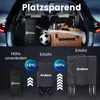 A split image showing a car trunk with a folded wagon and picnic items, and below, a comparison of different wagon sizes with feature callouts. Produktbild-Vorschau