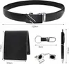 A set of men's accessories including a belt, wallet, keychain, pen, and cufflinks, with dimensions indicated. Anteprima dell’immagine prodotto