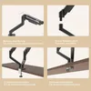 Four images showing features and installation methods of a monitor mount. Produktbild-Vorschau