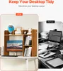 A split image showing a messy desk on the right and a tidy desk with a shelf organizer on the left. Voir les images du produit