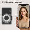 A digital camera is shown next to a smartphone displaying a portrait of a woman, illustrating photo transfer. Produktbild-Vorschau