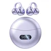 A pair of silver open-ear clip-on earbuds and their charging case are displayed against a white background. Produktbild-Vorschau