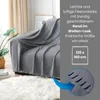 A grey fleece blanket draped over a sofa, with text and a size diagram on the right. Náhľad obrázku produktu
