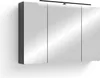 A modern, mirrored bathroom cabinet with a dark gray frame and an integrated LED light strip above. Náhled obrázku produktu