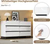 A white high-gloss dresser with black accents, displayed in a room setting with decorative items on top. Side panels show close-ups of protective film and cleaning. Produktbild-Vorschau