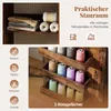 A collage showing a shelf with folded fabrics and spools of thread, and a close-up of a wooden organizer with three shelves filled with colorful spools of thread. Podgląd zdjęcia produktu