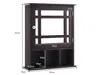 A dark brown wall cabinet with a mirrored door and open shelves below, with dimensions indicated by measurement lines and text. Produktbild-Vorschau