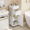 Geöffneter SoBuy Badschrank BZR225-WN mit sichtbaren Fächern und Handtuchhalter Podgląd zdjęcia produktu