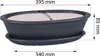 A dark grey oval bonsai pot with a saucer, shown with dimensions indicated by text and lines. Náhled obrázku produktu