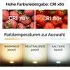 The image displays information about LED lamp color rendering index (CRI) and color temperatures, with images of strawberries and examples of light outputs. Produktbild-Vorschau