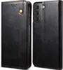 A black leather flip wallet case for a Samsung Galaxy S22+ 5G is shown from two angles. Produktbild-Vorschau