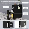 A black bathroom storage cabinet with various compartments and drawers, shown with product features highlighted by text labels. Produktbild-Vorschau