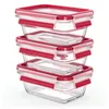 A stack of three glass food storage containers with red lids and latches, shown against a white background. Náhľad obrázku produktu