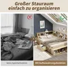 A split image comparing a messy bed with no storage to an organized bed with integrated storage. Náhled obrázku produktu