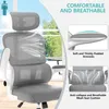 A grey ergonomic office chair with white accents, shown in a bright, airy setting with a window view of trees and sky. Text overlays highlight features like breathability and comfort. Voir les images du produit