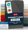 A dark gray fitted sheet is shown, with a stack of other colored fitted sheets to the left and right. Several labels and text overlays are present. Anteprima dell’immagine prodotto