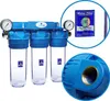 A three-stage whole house water filtration system with pressure gauges and clear filter housings. Anteprima dell’immagine prodotto