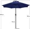 A blue patio umbrella with dimensions indicated by text labels. Produktbild-Vorschau