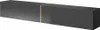 A 3D render of a long, rectangular, dark gray TV stand with a thin gold band around its middle. Voir les images du produit