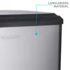 Close-up of the top corner of a stainless steel trash can with a black lid. Podgląd zdjęcia produktu