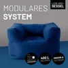 A navy blue beanbag chair shown from the front, with text overlays and icons. Anteprima dell’immagine prodotto