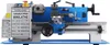 A blue and gray mini metal lathe is shown against a white background. The lathe has various controls and a label with specifications. Produktbild-Vorschau
