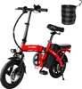 A red folding electric bicycle with a plaid basket accessory is shown against a white background. Produktbild-Vorschau