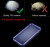 The image shows a comparison of quality TPU material versus inferior materials, followed by a product shot of a transparent blue phone case. Produktbild-Vorschau