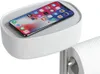 A white toilet paper holder with a shelf on top, holding a smartphone. Náhled obrázku produktu
