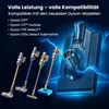 A charging dock and several Dyson vacuum cleaner attachments are displayed against a dark, electric-blue background with lightning effects. Produktbild-Vorschau