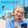 A woman smiling while looking at her phone, with an earbud in her ear. Text and diagrams explain the features of the earbuds. Produktbild-Vorschau