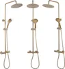 Three different views of a gold brush finish shower set against a white background. Produktbild-Vorschau